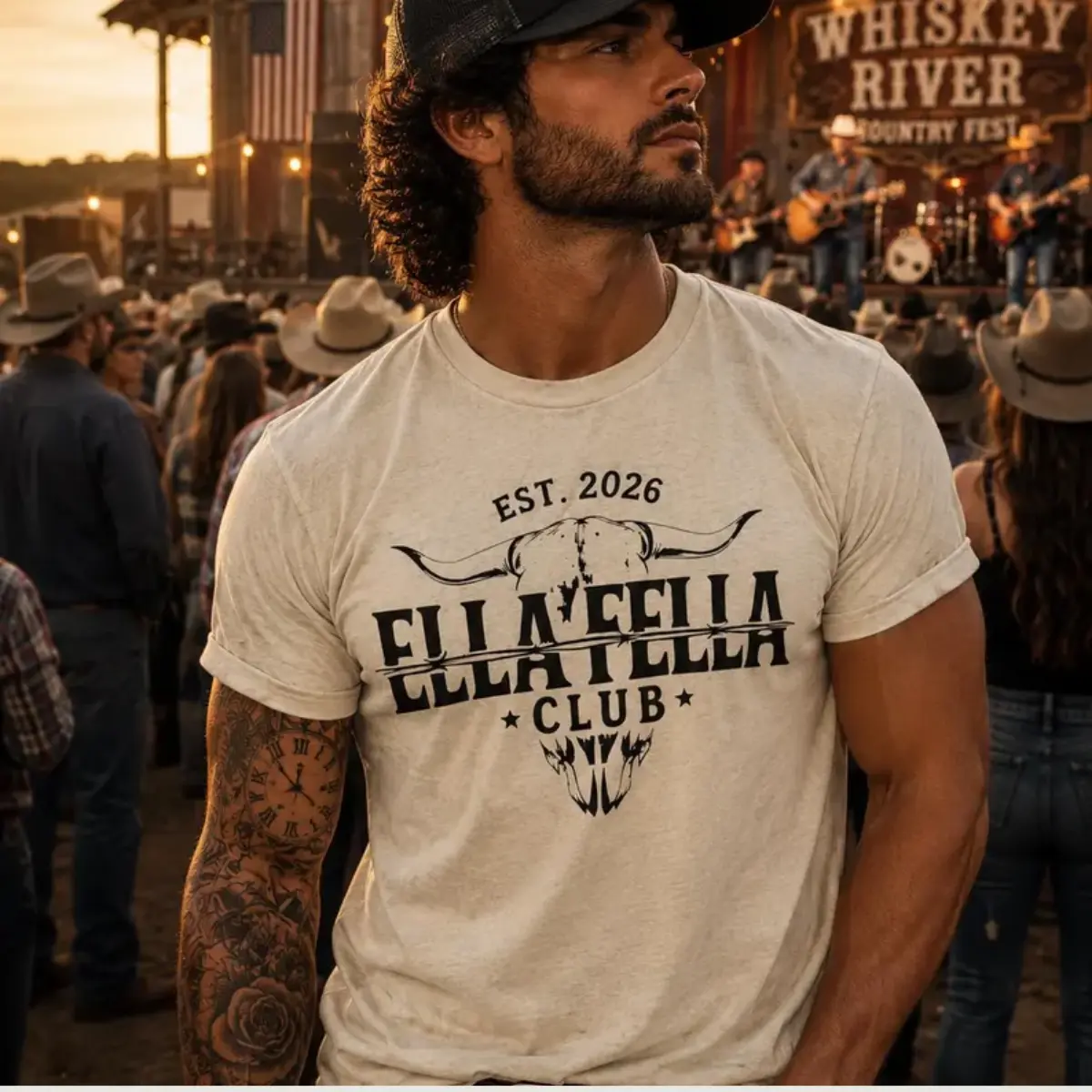 ELLA FELLA Club skull cattle skull graphic T-shirt | EST. 2026 western logo