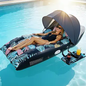 PKBD Inflatable Pool Float Lounger, UPF50+ Adjustable Canopy, Ergonomic Large Floating Chair with Cup Holders, for Beach & Lake Parties, Dark Blue ,Pool Supply Accessory