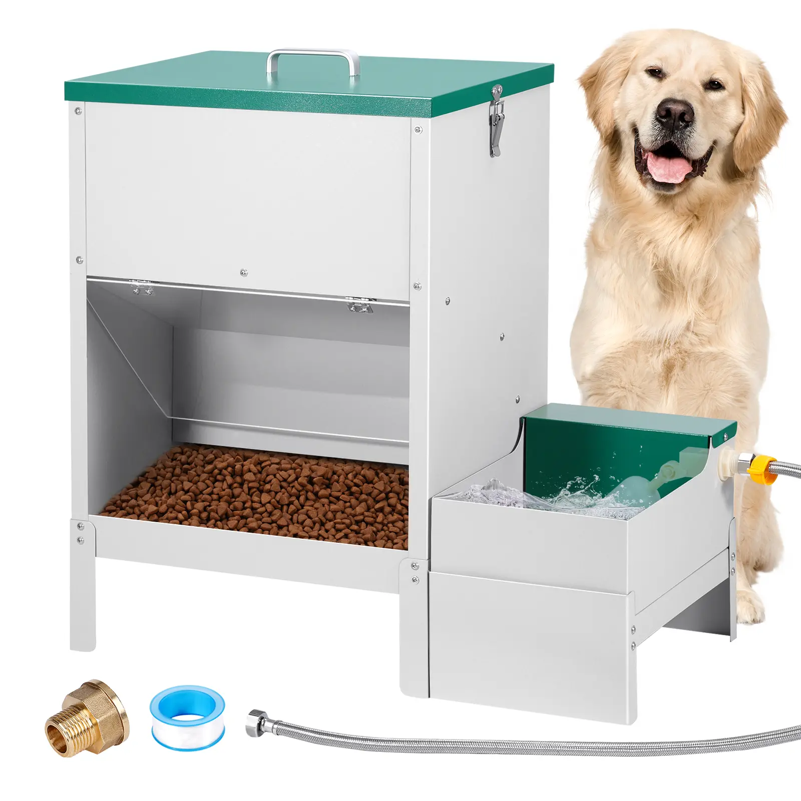 Dual-Compartment Dog Feeder & Water Bowl with Lockable Lid and Easy-to-Install Accessories for Convenient Pet Care