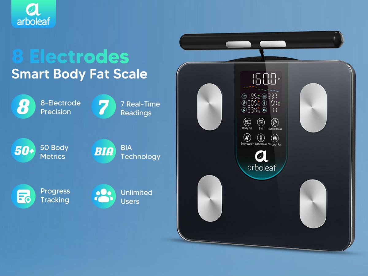 arboleaf 8-Electrode Dual-Frequency BIA Bathroom Scale with 7-in-1 Display for BMI Body Fat Muscle Mass, Segmental Full Body Composition Analyzer, 50+ Metrics in App