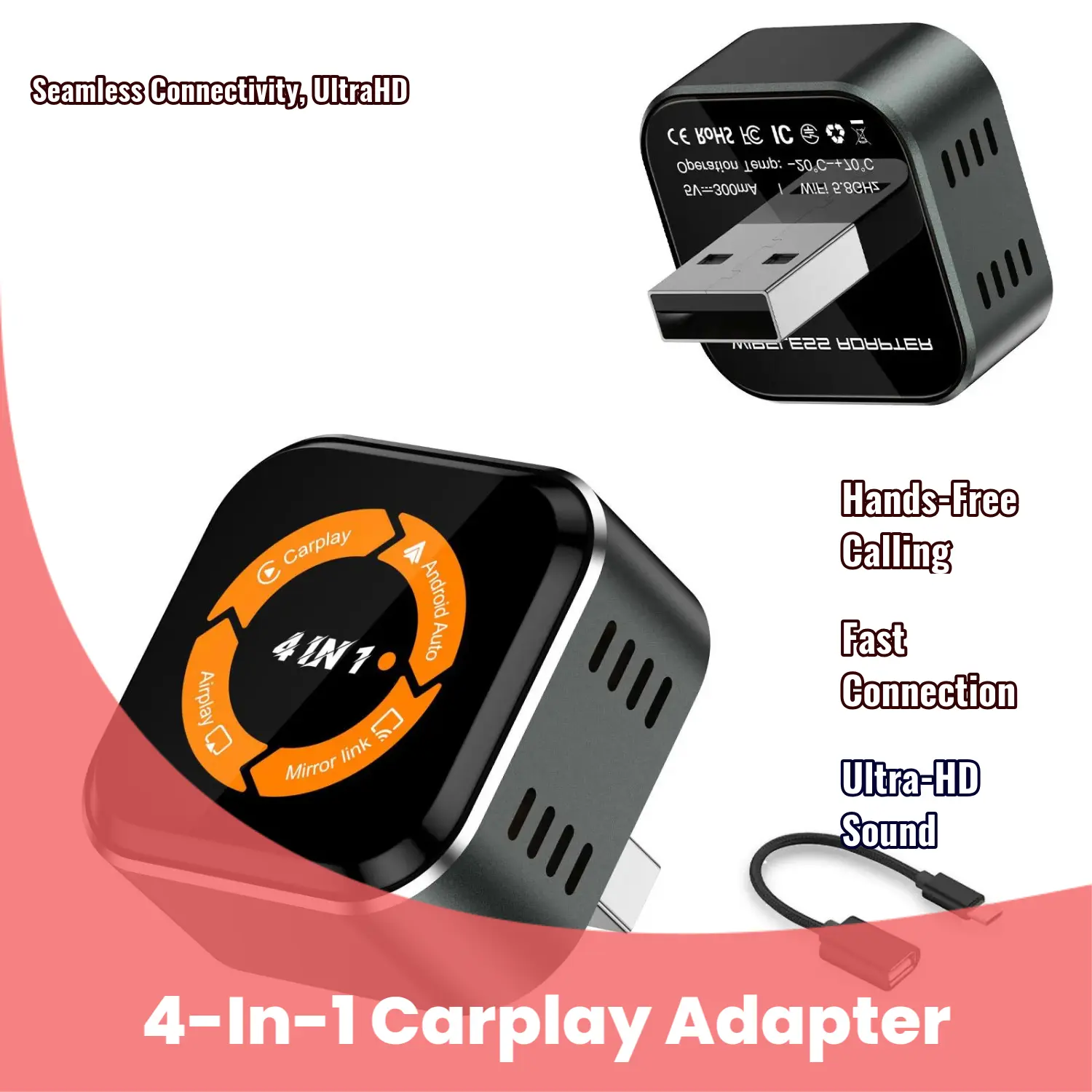 4-in-1 Wireless Bluetooth 5.0 USB-C Car Adapter - Fast Connection, Seamless Connectivity, CarPlay, Android Auto, AirPlay, Screen Mirroring, Hands-Free Calling, Ultra-HD Stereo Sound for Car Stereo Digital Media Receivers