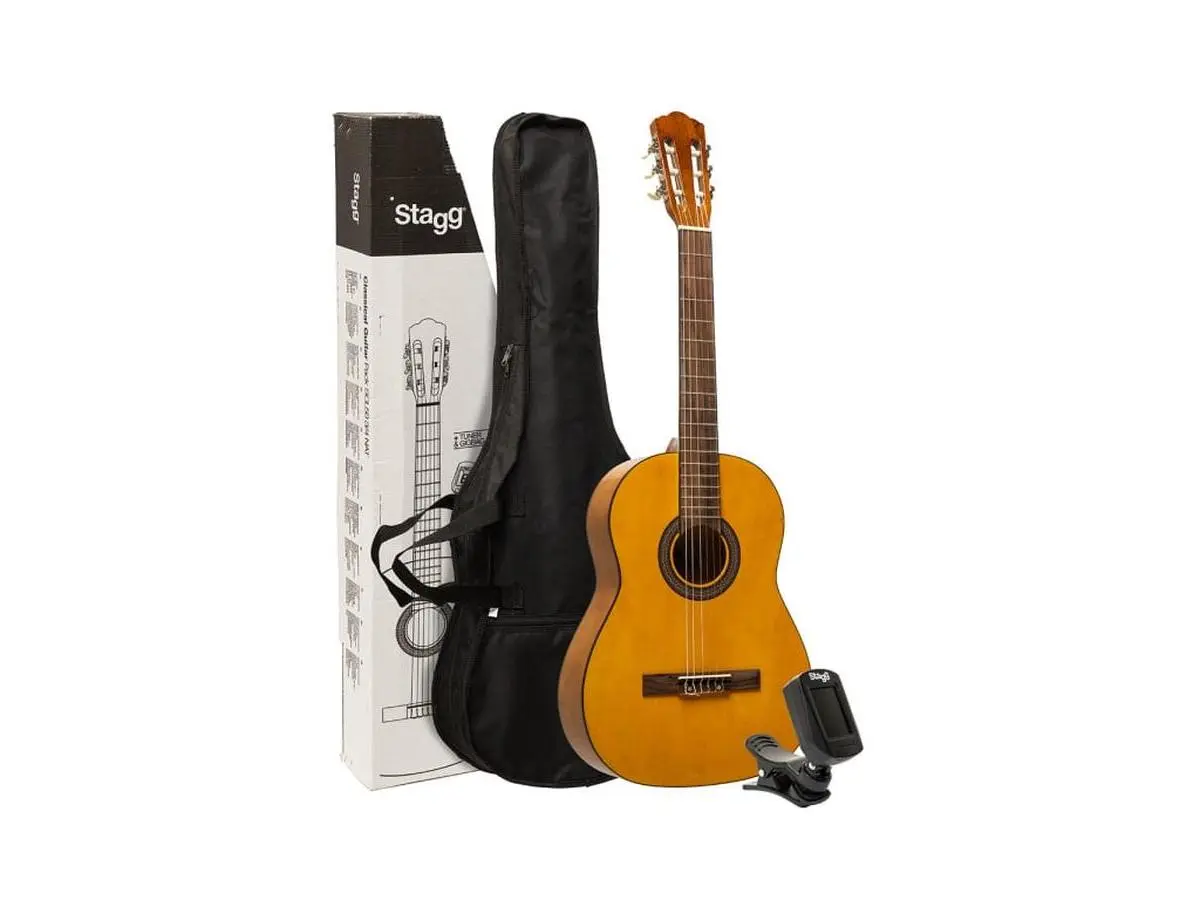 Stagg 25687 3/4 Natural Colored Classical Acoustic Guitar Full Set - Youth Size 3-4 Scale, Linden Wood Top, Black Clip On Chromatic Tuner, Nylon Carry Bag, Music Learning Instrument, Nylon Bag
