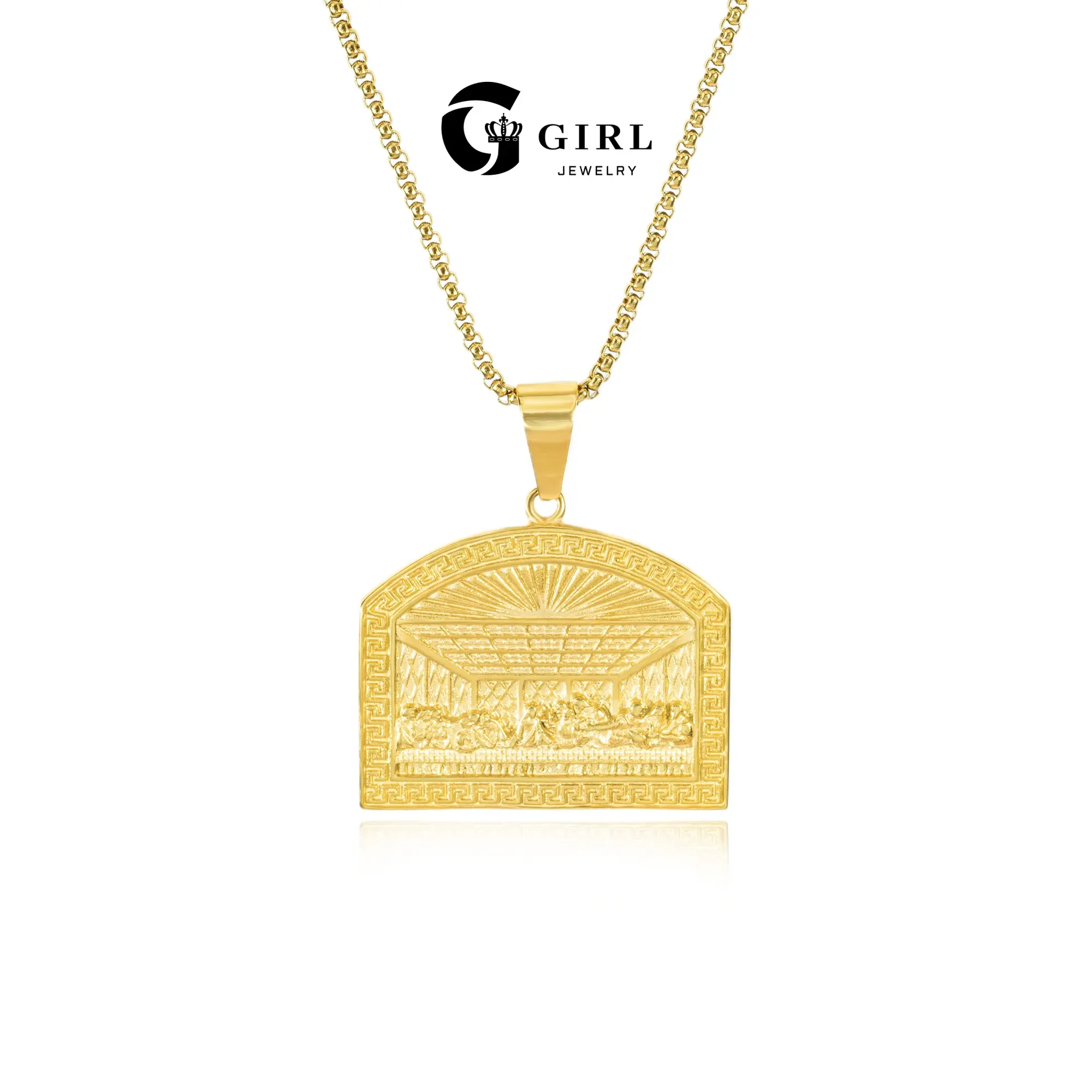 GGIRL The Last Supper Solid Heavy Brass Necklace Hip-hop Personality Pendant 3D Carved Vintage Golden Plating 60cm Chain 32.2g Weight
