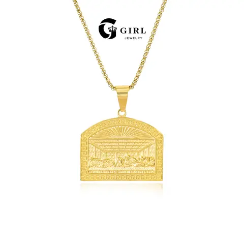 GGIRL Unisex The Last Supper Statement Pendant Necklace - Gold-Plated Solid Brass, 3D Engraving Arched Frame, Chunky Hip-Hop Design, Vintage Gold Glow, 60cm Chain, 32.2g, 5cm×4.2cm, Durable Fashion Accessory for Art History Enthusiasts