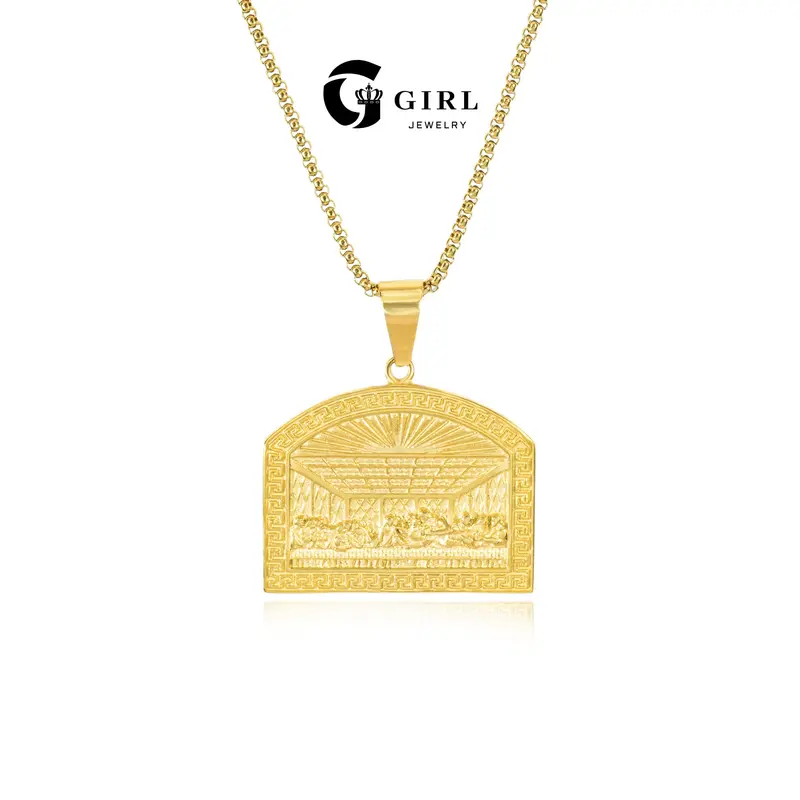 GGIRL Unisex The Last Supper Statement Pendant Necklace - Gold-Plated Solid Brass, 3D Engraving Arched Frame, Chunky Hip-Hop Design, Vintage Gold Glow, 60cm Chain, 32.2g, 5cm×4.2cm, Durable Fashion Accessory for Art History Enthusiasts