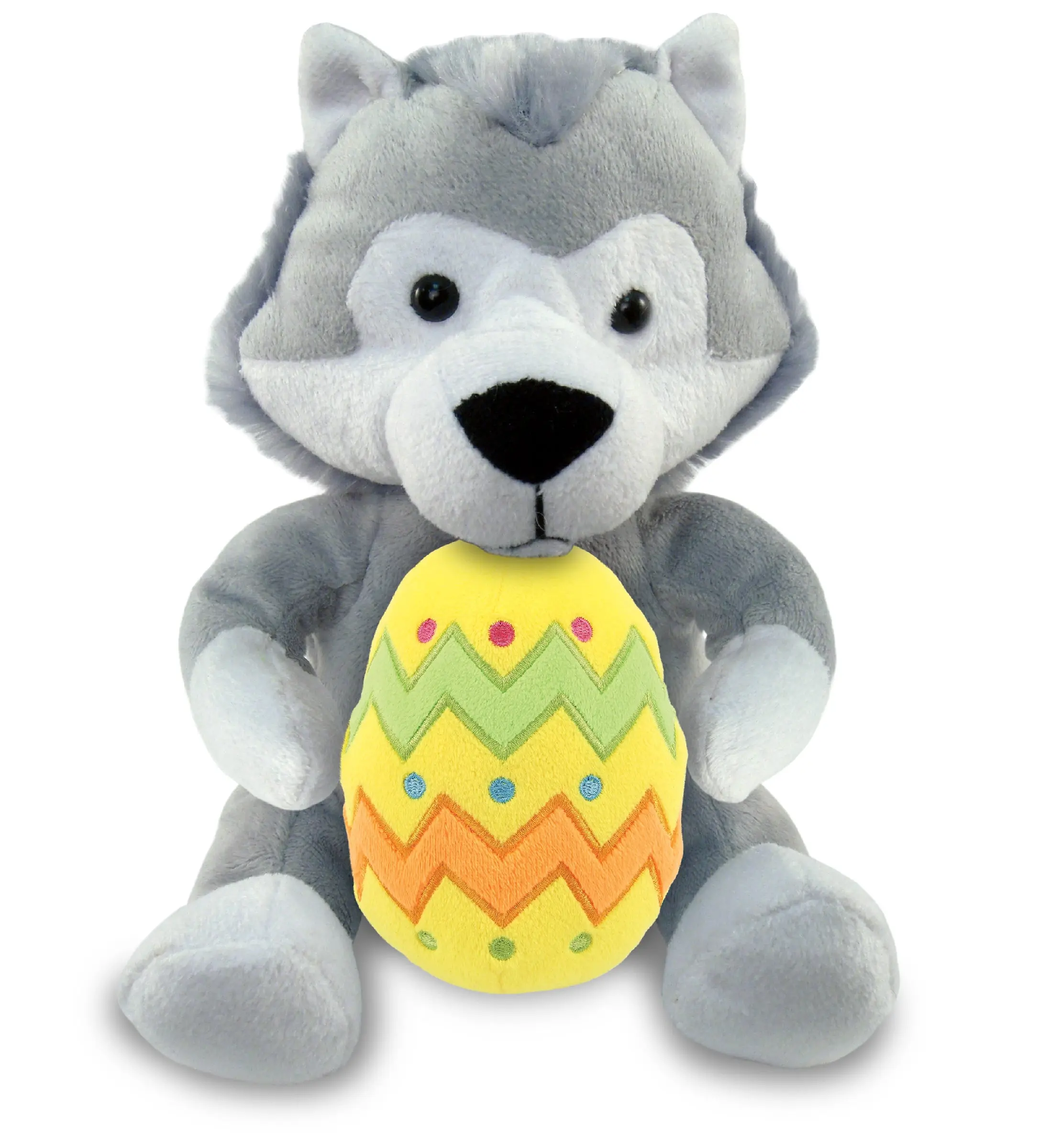 DolliBu Super Soft Gray Wolf Easter Stuffed Animal - 1 Dollibu Plush, 100% Polyester, Dots, Yellow Easter Egg, 5.5Lx4Wx6H In, for Boy & Adults, Decoration Option, Add-On Choices