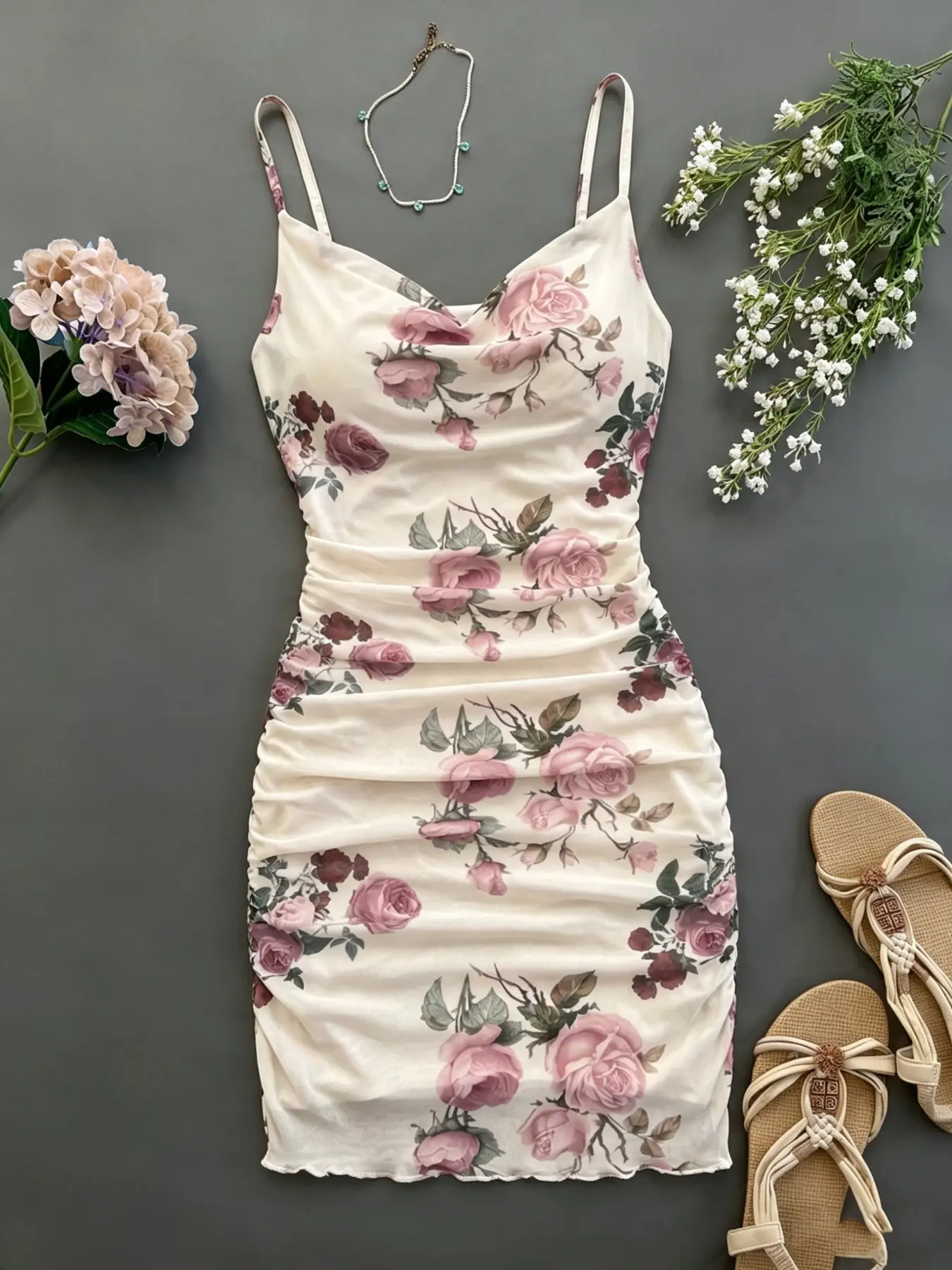 Women's Floral Print Sleeveless Dress, Boho Style Drape Collar Ruched Mesh Dress for Beach Vacation, Summer Casual Wear