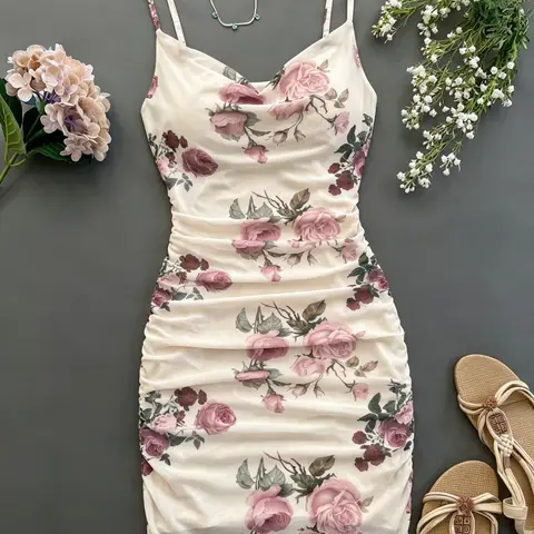 Women's Floral Print Sleeveless Dress, Boho Style Drape Collar Ruched Mesh Dress for Beach Vacation, Summer Casual Wear, Boho Fashion