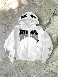 Tiktok Trendy Graphic Zipper Hoodie, Eternal Wealth & Star Print Fleece Pullover, Casual Comfortable Home Wear, Fall&winter StyleGift