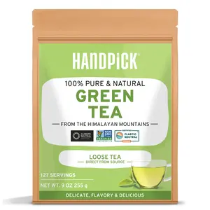 HANDPICK, Green Tea Loose Leaf (255g/9oz) +100 Cups | Non-GMO, 100% Pure Green Tea Leaves Sourced from Himalayas, India | Resealable Ziplock Pouch