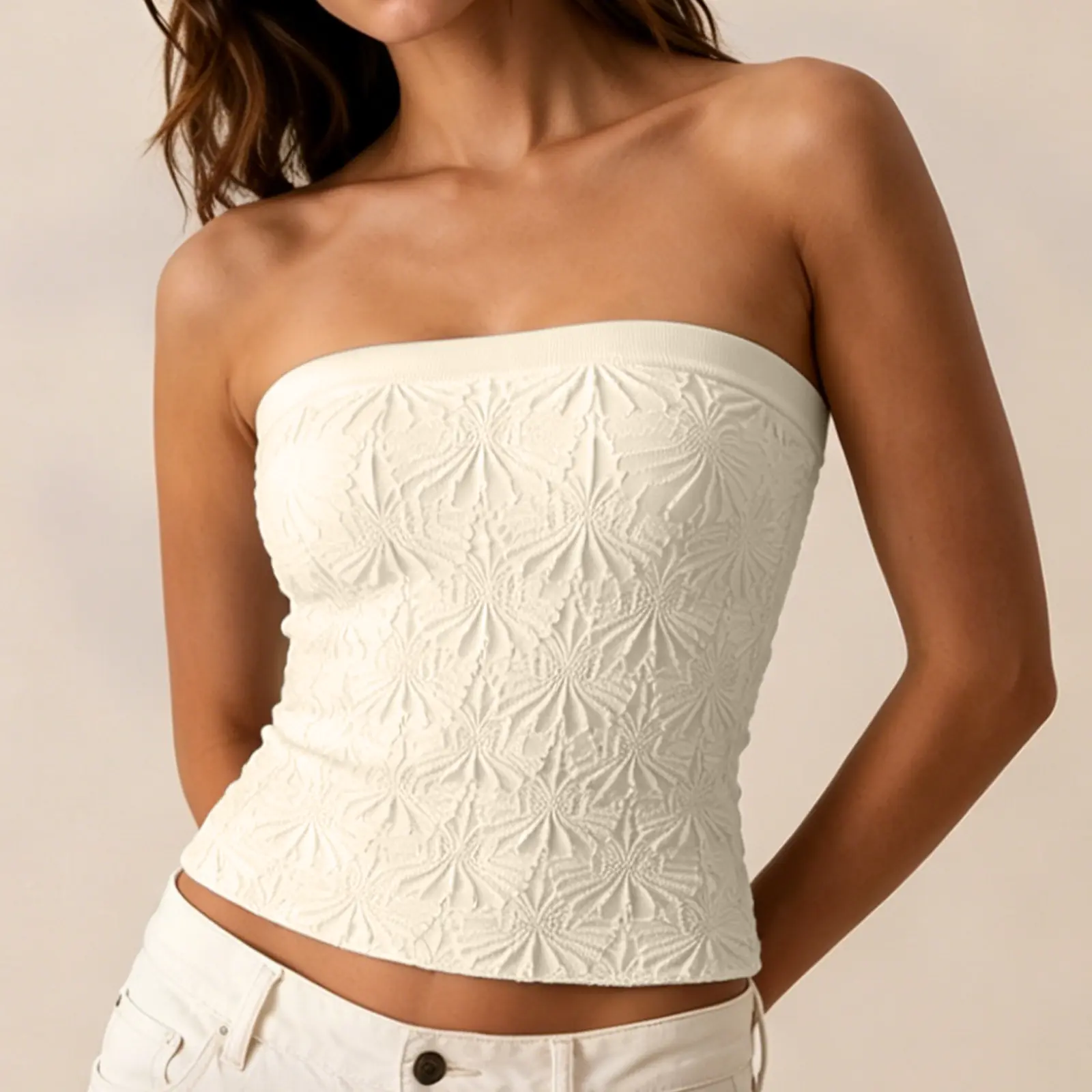 VRCOMFY Women’s Strapless Textured Tube Top – Slim Fit Bandeau Top for Going Out, Casual Summer Wear