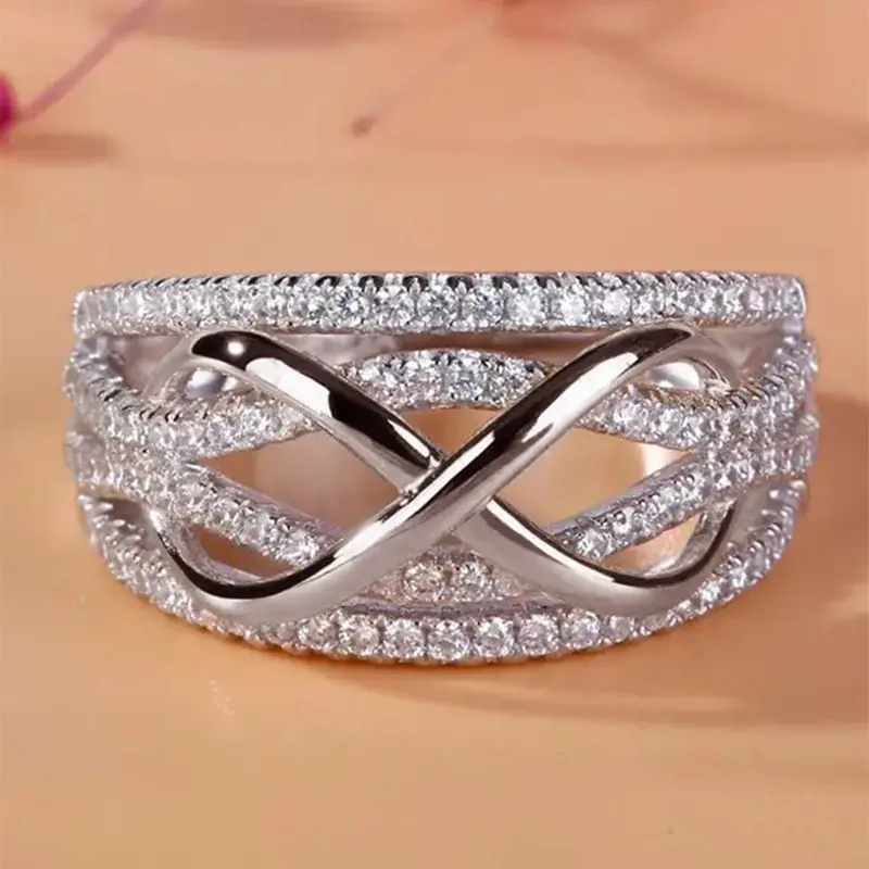 Women's Elegant Rhinestone Decor Engagement Ring, Luxury Chic Promise Ring, Trendy Exquisite Jewelry As Gift for Girlfriend, Fashion Engagement Rings, Beautiful Rings