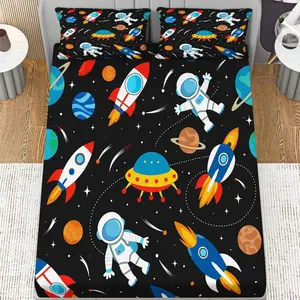 3pcs Space Astronaut Spaceship Bed Sheet Fitted Sheet Three Piece Set (1*Fitted Sheet+2*Pillowcases, Coreless), Holiday Theme, Space Astronaut Bedding Set, Mattress Protector Soft, Breathable, Suitable for Bedroom and Dorm Decor