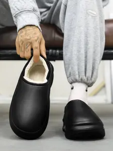 Men's One-Piece EVA Closed-Toe Soft Sole Slippers Fleece Lined Warm Comfortable Lightweight Indoor Outdoor Walking Shoes