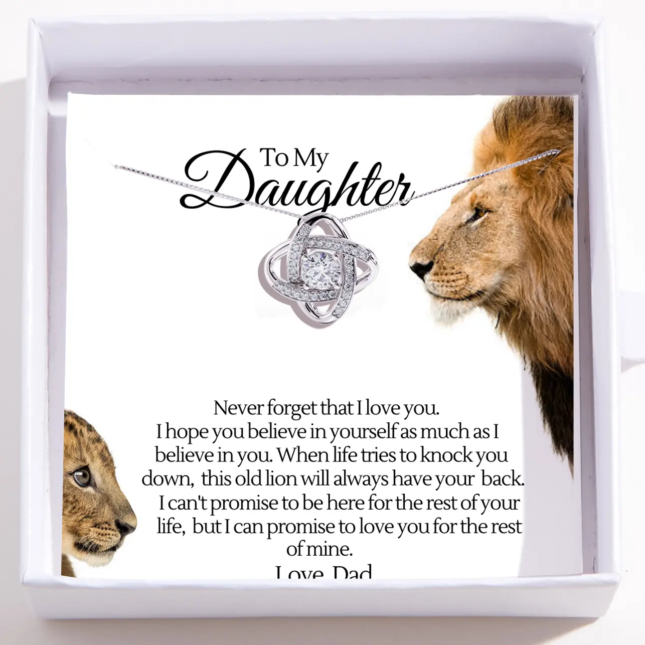 To My Daughter Love Knot Necklace with Lion and Cub Message Card – Inspirational Jewelry Gift from Dad – Love and Strength Necklace Keepsake