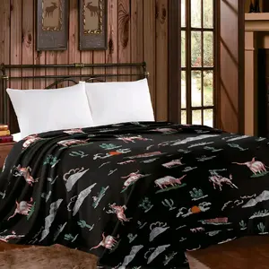 Queen Size Midnight Longhorn Plush Blanket | Black Vintage Cowboy Desert Luxury Throw