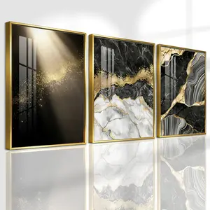 3 Counts Aluminum Alloy Framed Painting, Abstract Black Gold Marble Texture Pictures, Home Decoration For Living Room, Bedroom, Office, Restaurant, Hallway Wall Decor, Odorless Print Artwork, Luxury Perfect Gift For Friends And Family