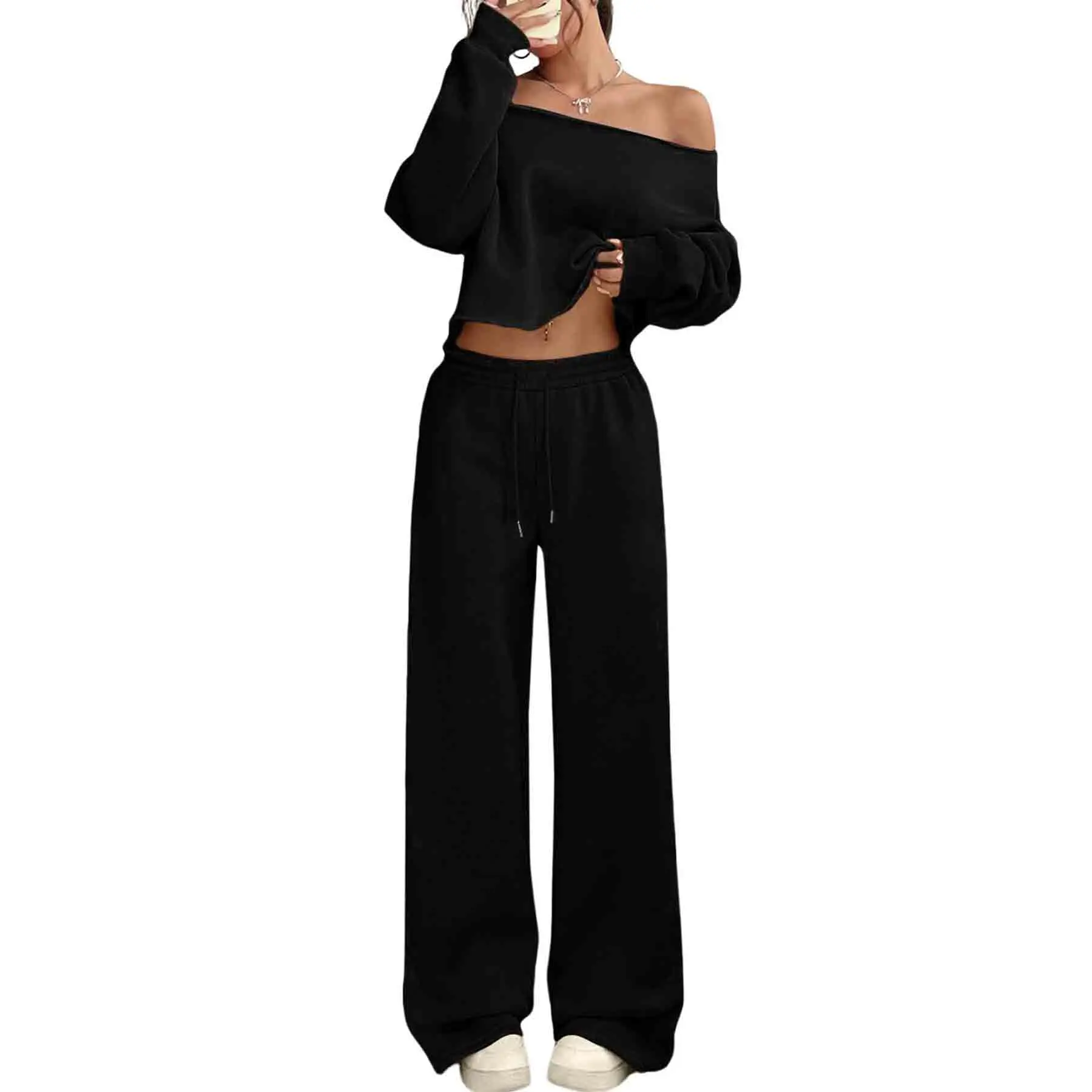 Arssm Women’s 2 Piece Sweatsuit Set Off Shoulder Crop Top Wide Leg Pants Y2K Lounge Outfit Cozy Soft Casual Fall Winter Set