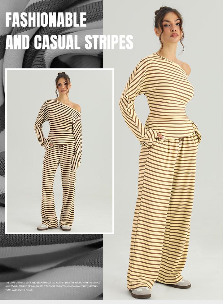 KatchMe Women's Versatile Sloping Shoulder Stripe Long Sleeve Top & Drawstring Waist Loose Trousers Co-ord, Comfort Basic Two Piece Outfits KatchMe Women's Versatile Sloping Shoulder Stripe Long Sleeve Top & Drawstring Waist Loose Trousers Co-ord, Comfort Basic Two Piece Outfits