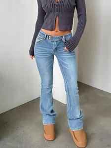 Women's Y2K Vintage Denim Flare Jeans, Slim Fit with Double Button Design, Hip-Wrapping Flared Long Pants, Daily All-Match Casual Fashion Trousers