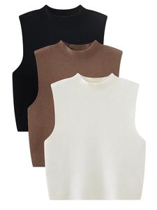 women's solid round neck sweater vest, casual sleeveless crew neck jumper vest for spring & fall, fashion women's knitwear for daily wear, solid color vest, knit crop top