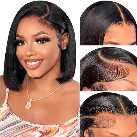 Glueless Bob Wig Human Hair 180 Density Glueless Wigs Human Hair Pre Plucked Pre Cut  Closure Wigs Human Hair Bob Lace Front Wigs Human Hair Glueless Wear and Go Short Wigs for Black Women