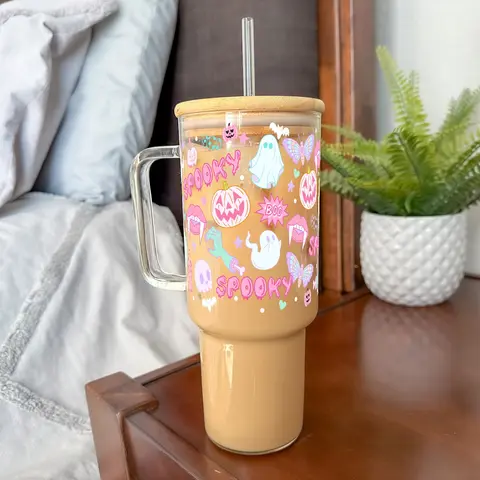 Spooky Season 40oz Glass Tumbler with Bamboo Lid and Straw, Halloween Cup