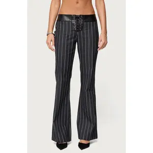 Edikted Women's Pinstripe & Faux Leather Low Rise Flared Jeans