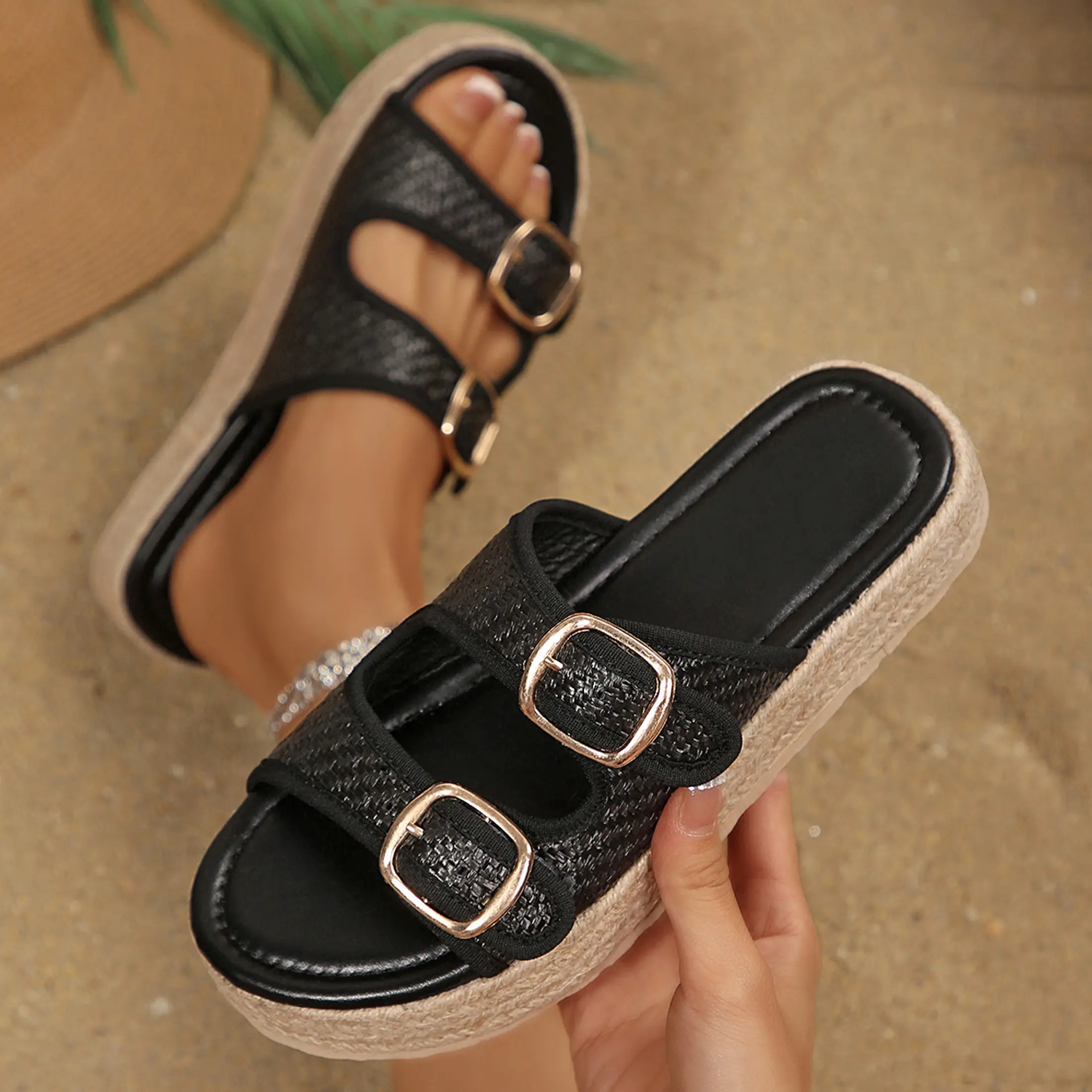 Raffia Platform Sandals for Women Woven Platform Sandals Espadrilles Wedges Mules Open Toe Summer Beach Slides Flatform Shoes