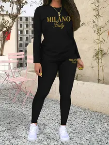 Women's Milano Letter Print Casual Sportswear Set, Yoga Clothes Set, Sweatsuit Set, Fashionable Long Sleeve Top & Tight Pants, Fall & Winter Fitted