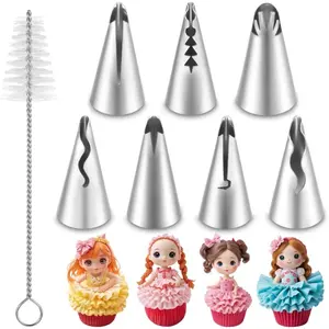 8PCS Pleated Skirt Piping Tips Set, Stainless Steel Cake Decorating Tips Nozzle Piping Set Frosting Icing Tips with Cleaning Brush for Pastry Fondant Cupcakes Cake Decorating