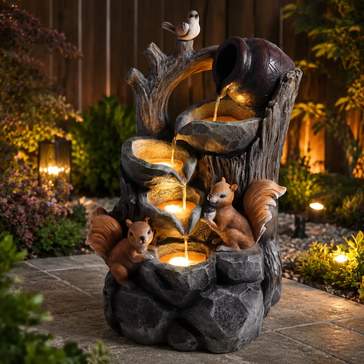 littleox Squirrel Outdoor Water Fountain with Lights Waterfall Garden Decor Resin Tree Stump Pouring Jug for Patio Yard Porch