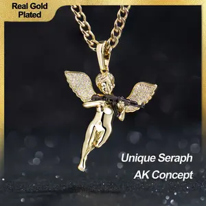 Holylegend 14K Real Gold-Plated Seraph Angel Pendant, 3D Design with Black AK-Style Accent, CZ Wings, Irresistible Love and Power Inspired, 24 in Chain