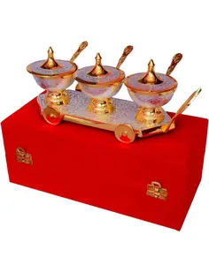3-Piece Silver & Gold Plated Brass Tableware Bowl Set with Trolley and Velvet Box, Ideal for Serving