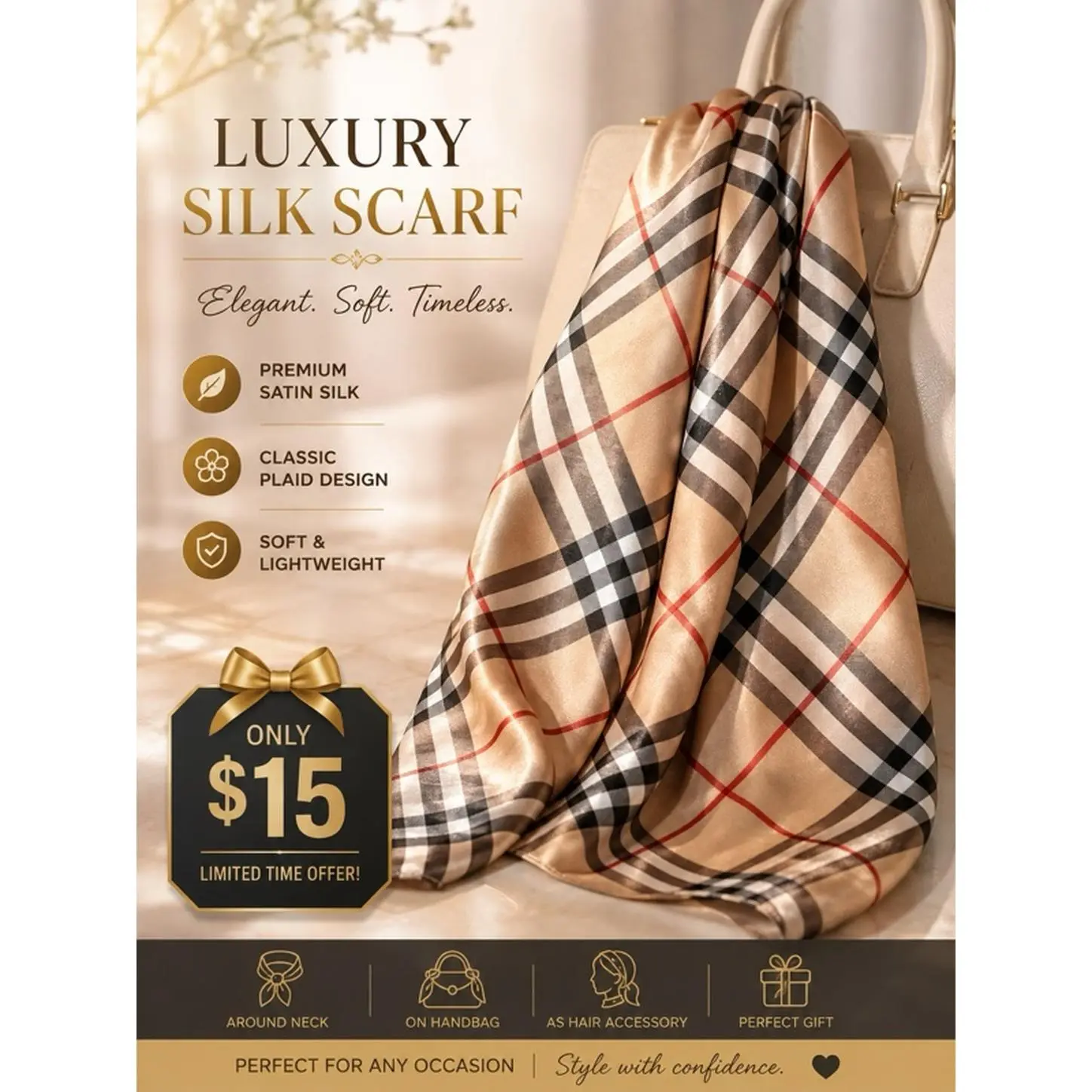 Unisex Luxury Silk Scarf - Premium Satin Silk, Classic Plaid Design, Casual Style, Soft Lightweight Fabric with Enhanced Softness, Ideal for Daily & Formal Occasions