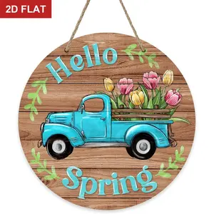 Hello Spring Blue Truck Sign for Front Door Decor, Tulip Flowers Pickup Wood Door Hanger for Outdoor Outside Porch, Rustic Farmhouse Wooden Wreath Indoor Wall Hanging Decoration 9.2x9.2in