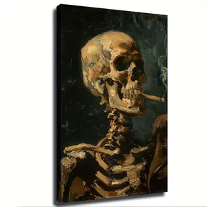 Vincent Van Gogh (Skull with Cigarette, 1885) Poster Picture Room Decor Art Stretched and Frame Ready To Hang - Framed