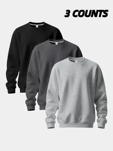 Men's 3 Pack Crew Neck Sweatshirts, Soft Fleece Cozy Casual Fitted Pullover Set, Classic Solid Color Long Sleeve Tops for Daily Wear, Workout & Layering, Casual Streetwear Pullover