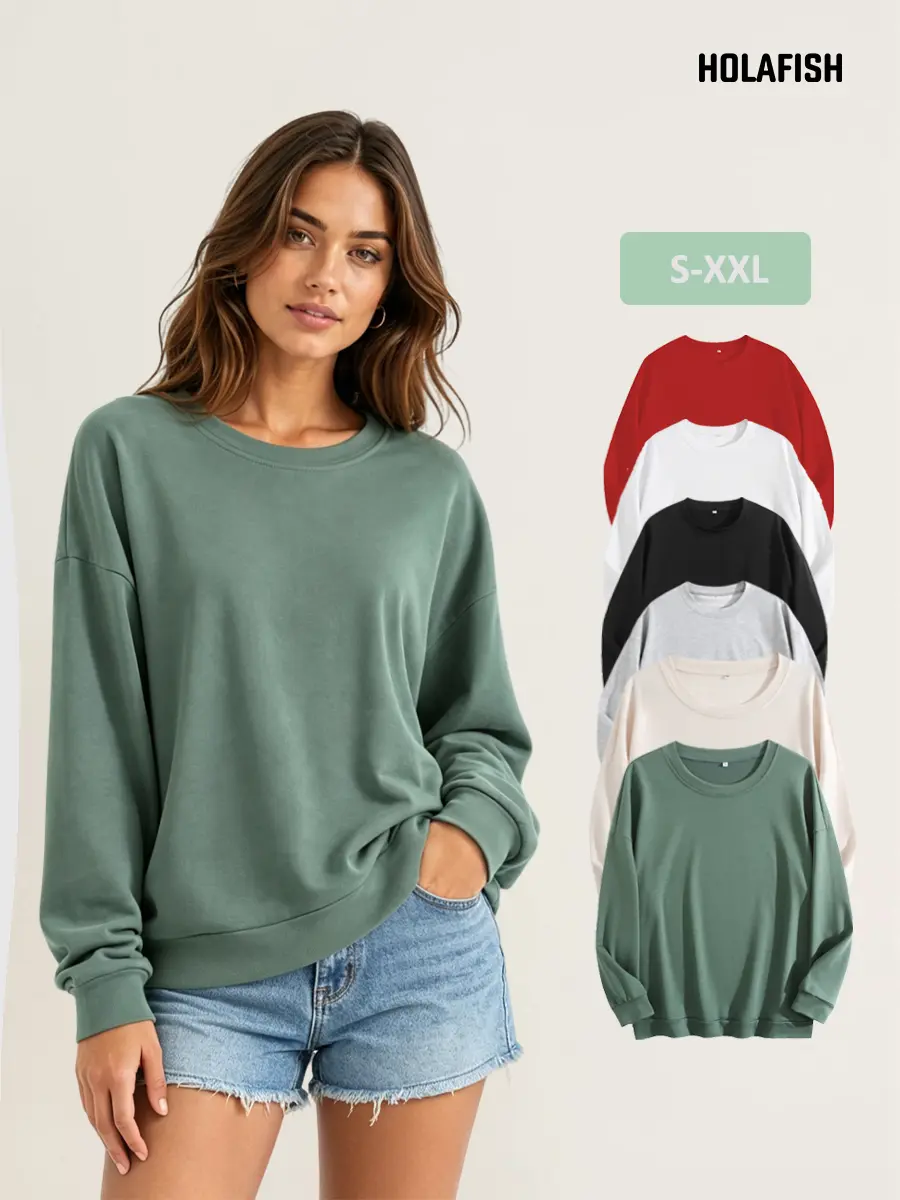 Holafish Women's Long Sleeve Tops Crewneck Sweatshirt Drop Shoulder Loose Fit Autumn Casual Pullover Fashion Everyday Wear Basic Tops