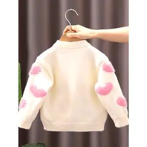 Girls' Crew Neck Sweater - Cute Heart Pattern Knit Cardigan with Pearl Details - Acrylic Blend for Kids - Regular Fit Stretch Fabric - Fall/Winter Collection