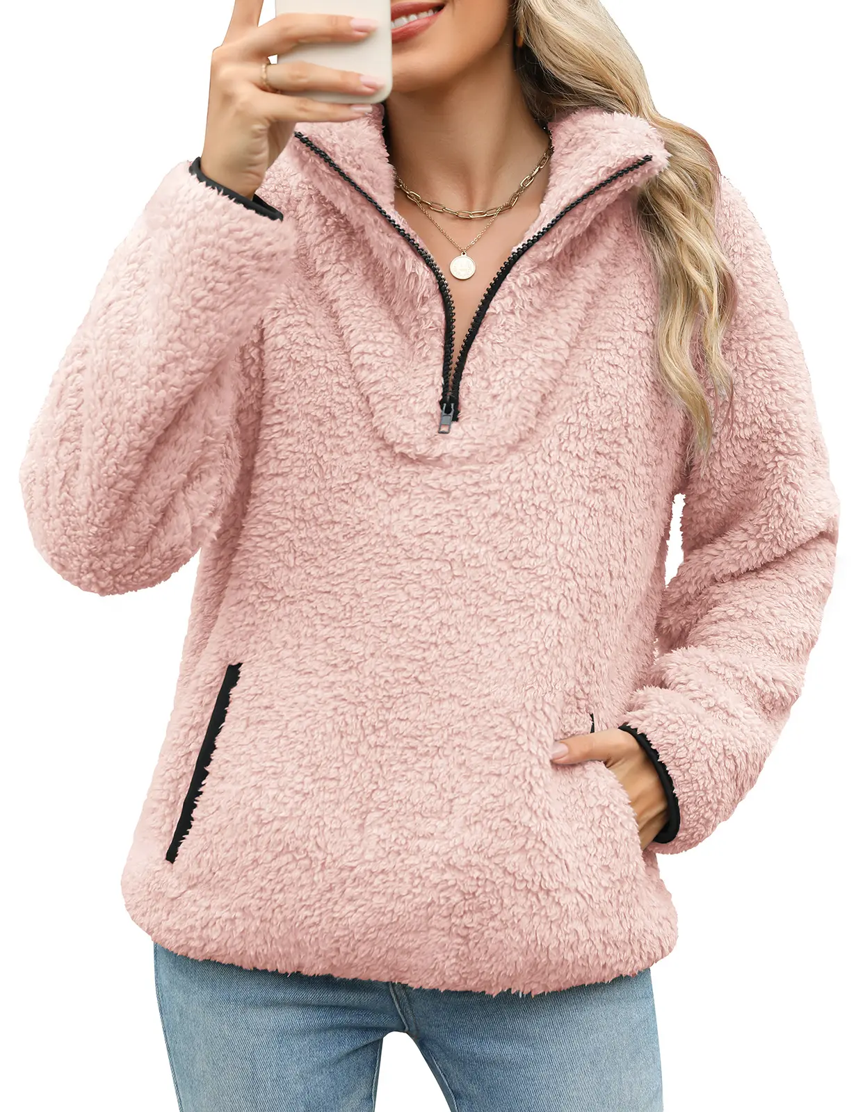 HEEKPEK Women Sherpa Fuzzy Sweater Half Zip Fleece Pullover Pockets | Half Zip, Warm Faux Fur Fabric,Cute Fuzzy Sweaters Tops,Casual Workout Wear 2026 Women Clothes