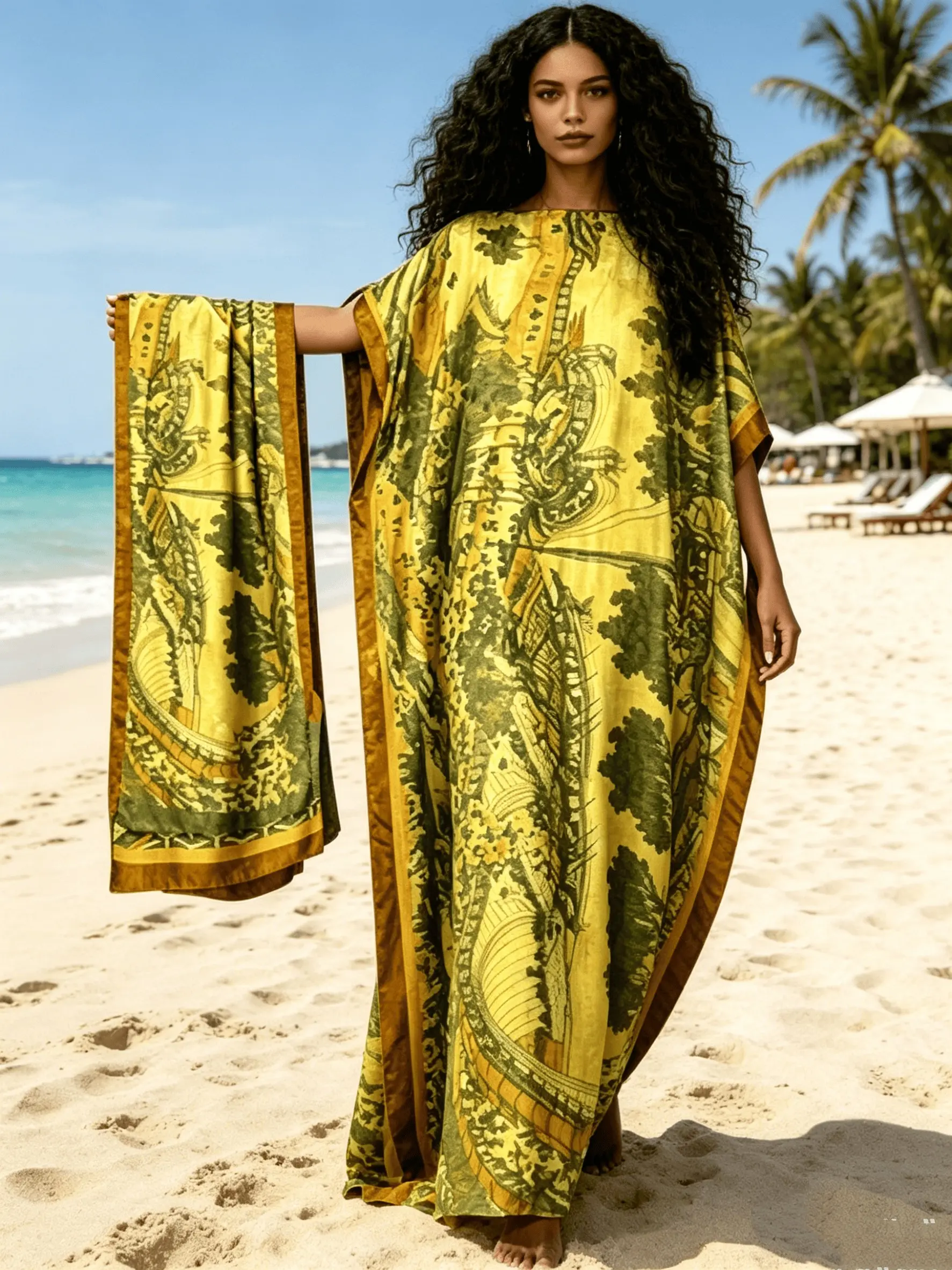 2026 New Women's 2 Piece Mustard Yellow Baroque Print Kaftan Maxi Dress with Matching Scarf, Silky Loose Pleated Robe, Plus Size Friendly, Beach Cover Up, Resort Vacation & Evening Party Wear