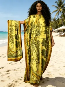 2026 New Women's 2 Piece Mustard Yellow Baroque Print Kaftan Maxi Dress with Matching Scarf, Silky Loose Pleated Robe, Plus Size Friendly, Beach Cover Up, Resort Vacation & Evening Party Wear