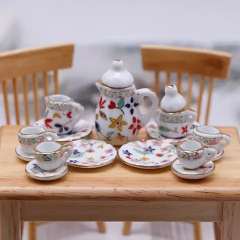 15pcs Ceramic Tea Set Miniature Kitchenware Model Pretend Play Set Play Kitchen Accessories for Dollhouse Dining Scene DIY, Perfect Christmas New Year Gift Pretend Play Item