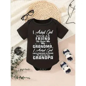 Cotton Knit] Baby Cotton Romper with Humorous Grandma and Grandpa Letter Print-Short Sleeve, round Neck, Machine Washable, Black, Perfect for Outdoors
