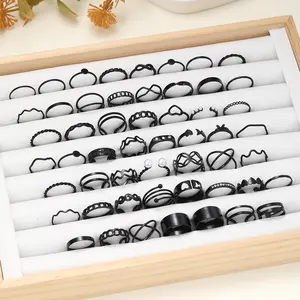 53Pcs/Set Vintage Hollow Punk Black Rings For Women Simple Geometric Pearl Butterfly Heart Crystal Ring Set Trendy Party Jewelry