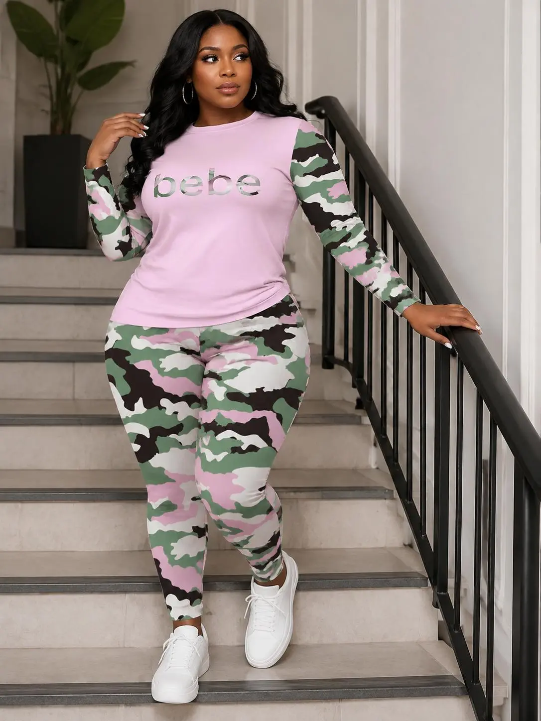 Women's Plus-Size 2-Piece Crew Neck Striped Camouflage Long-Sleeve Top & Pants Set, Casual Athletic Early Autumn Wear, Lightweight Home Loungewear, Womenswear Suits