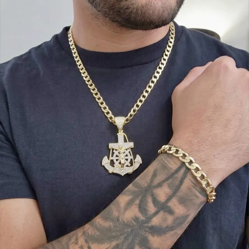 ViOrO 14K Gold Plated 8mm Cuban Link Chain with Bracelet and Jesus Christ Anchor Pendant for Daily Use. Electro Laminated Premium Jewelry