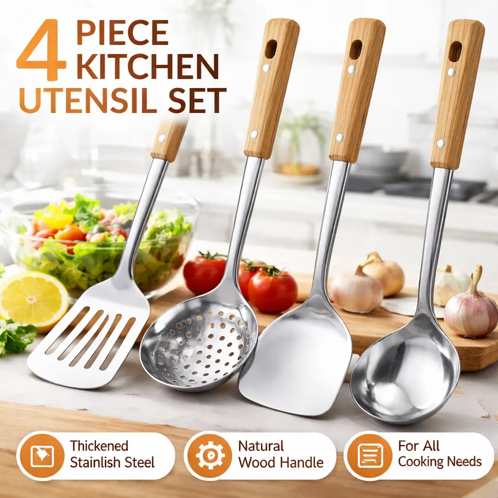 Sturdy 4-Piece Wok Utensils Set with Wooden Handles – Stainless Steel Spatula, Ladle, Slotted Skimmer, Oil Soup Strainer – Metal Kitchen Cooking Supplies for Office & School Pantry Use, Hanging