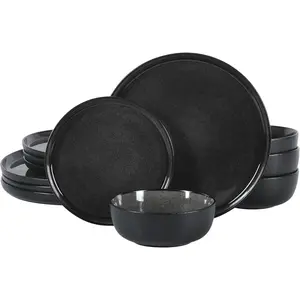 Tahoe Sunset 12 Piece Stoneware Reactive Glaze (Service for 4) and Dinnerware Set - Black